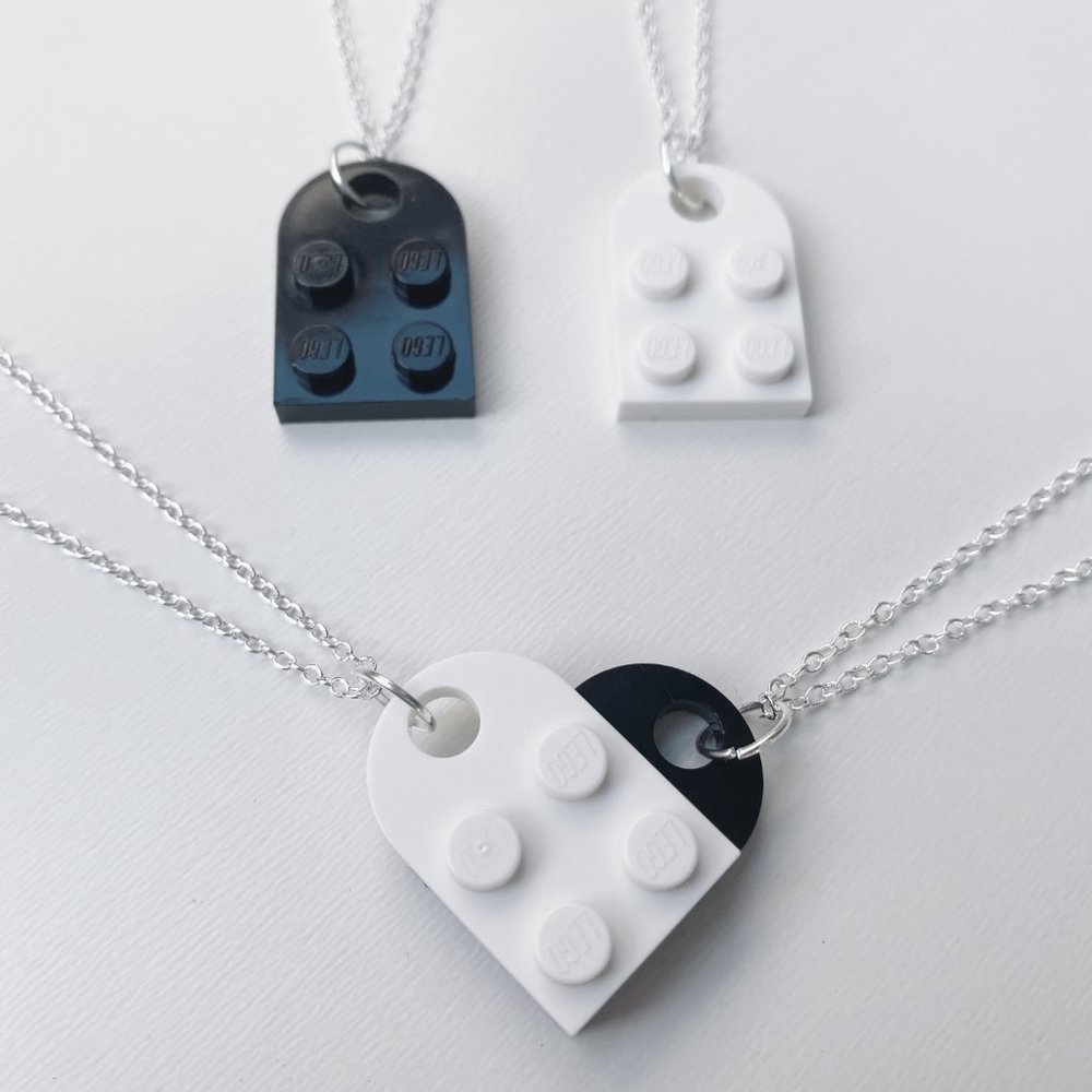 black and white lego heart necklace for couples